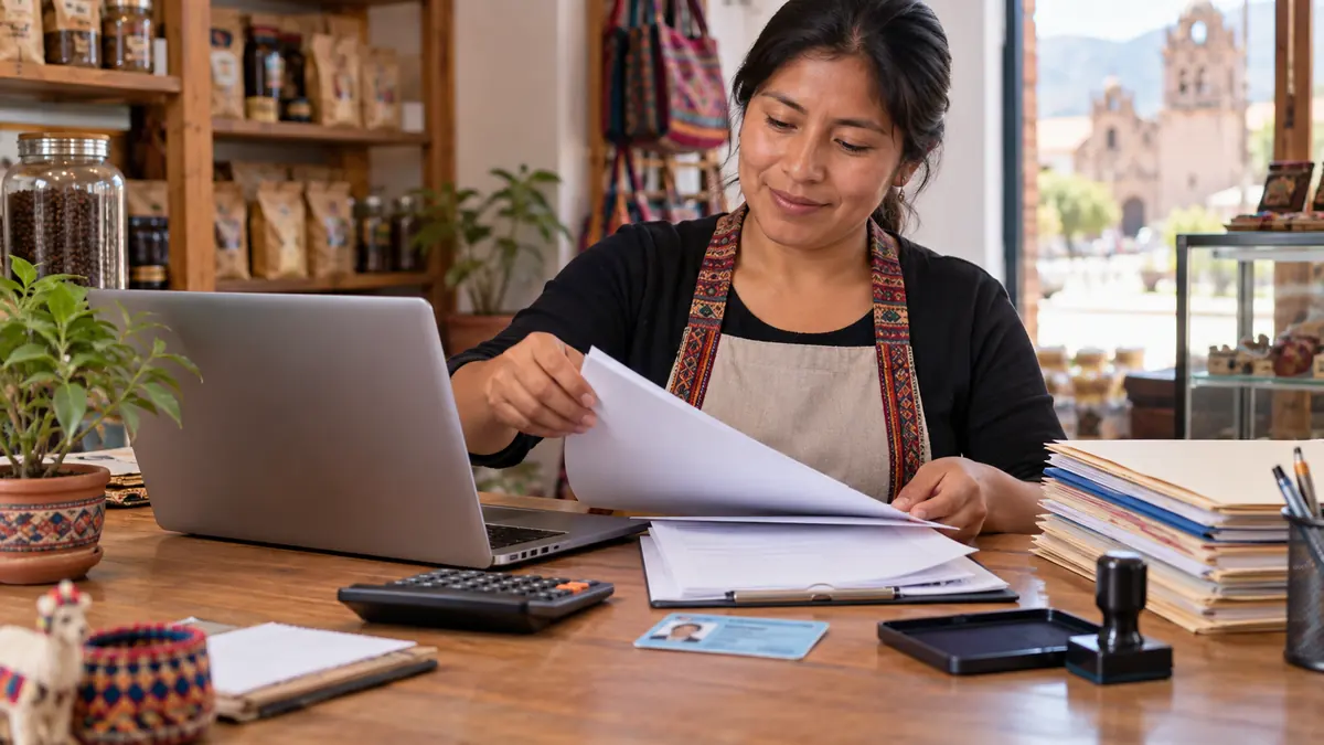 Duena de negocio ordenando documentos para formalizar una empresa en Peru