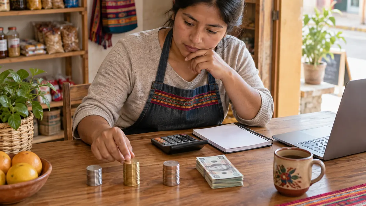 Emprendedora calculando capital disponible para elegir que negocio iniciar