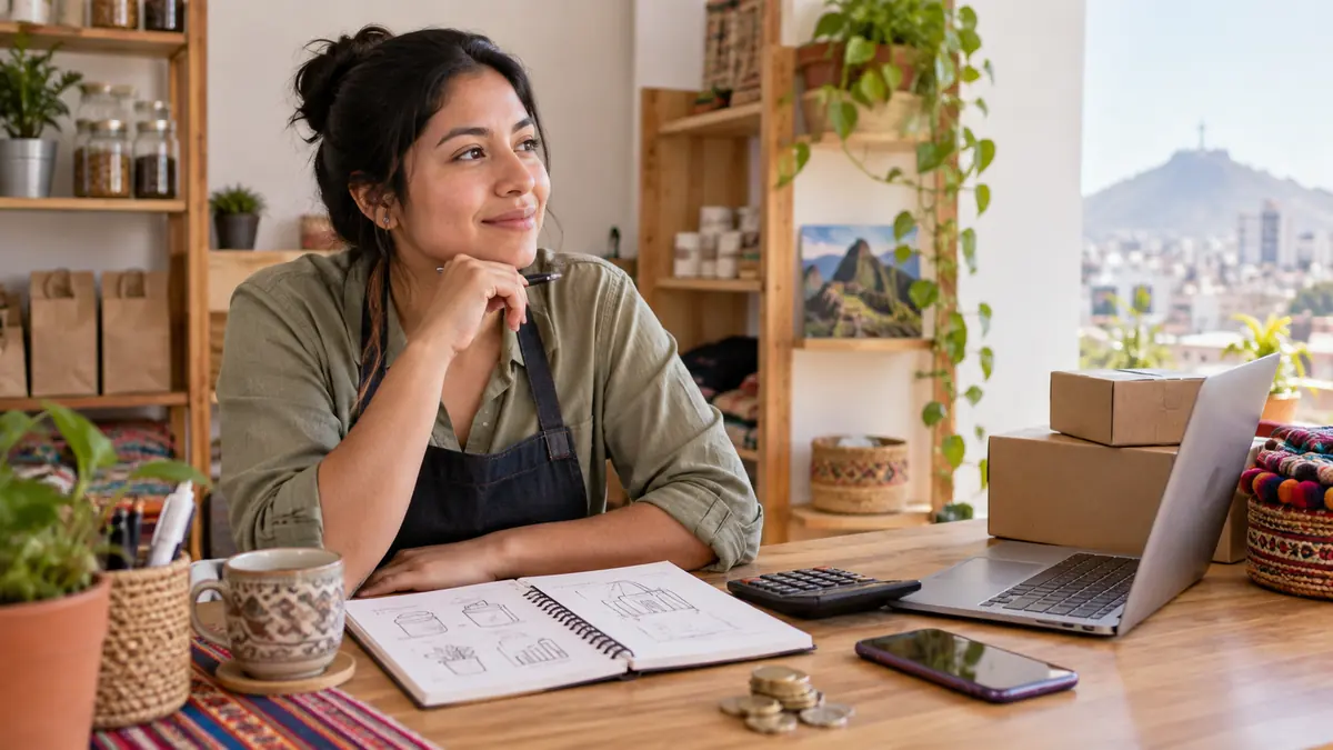 Emprendedora peruana revisando ideas de negocios rentables con bajo capital