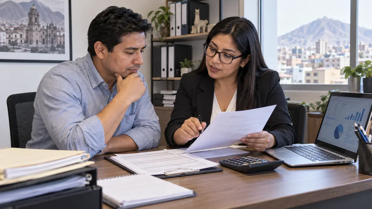 Emprendedor peruano revisando regimen tributario con una asesora contable
